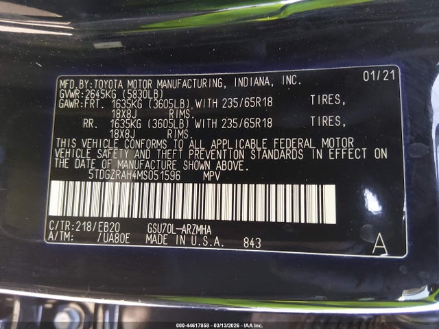 5TDGZRAH4MS051596 Toyota Highlander Xle