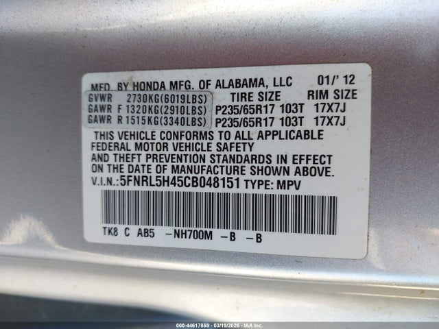 Продажа на аукционе авто 2012 Honda Odyssey Ex, vin: 5FNRL5H45CB048151, номер лота: 44617859