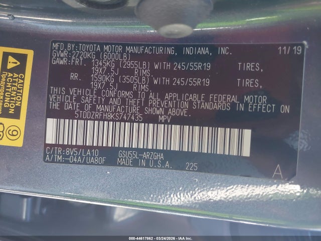 2019 Toyota Highlander Limited მანქანა იყიდება აუქციონზე, vin: 5TDDZRFH8KS747435, აუქციონის ნომერი: 44617862
