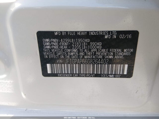 2016 Subaru Impreza 2.0i Sport Premium მანქანა იყიდება აუქციონზე, vin: JF1GPAP66G8264402, აუქციონის ნომერი: 44617868