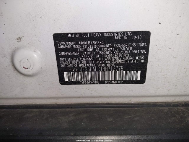 Продаж на аукціоні авто 2011 Subaru Forester 2.5x Limited, vin: JF2SHAEC1BH712775, номер лоту: 44617869