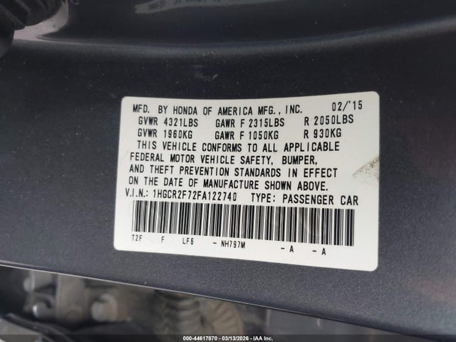 2015 Honda Accord Ex მანქანა იყიდება აუქციონზე, vin: 1HGCR2F72FA122740, აუქციონის ნომერი: 44617870