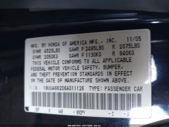 Продажа на аукционе авто 2006 Acura Tl, vin: 19UUA66206A011126, номер лота: 44617910