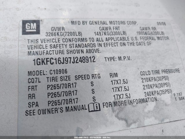 2007 Gmc Yukon Xl 1500 Commercial Fleet მანქანა იყიდება აუქციონზე, vin: 1GKFC16J97J248912, აუქციონის ნომერი: 44617913