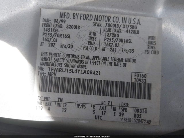 Продаж на аукціоні авто 2000 Ford Expedition Xlt, vin: 1FMRU15L4YLA08421, номер лоту: 44617930