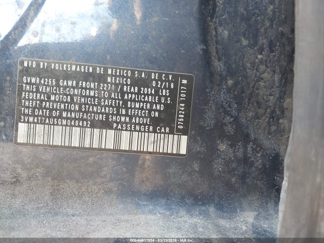44617934 :رقم المزاد ، 3VW4T7AU5GM049492 vin ، 2016 Volkswagen Golf Gti S 4-door مزاد بيع
