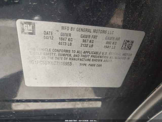 2012 CHEVROLET CRUZE 1G1PC5SHXC7316953 Photo 8