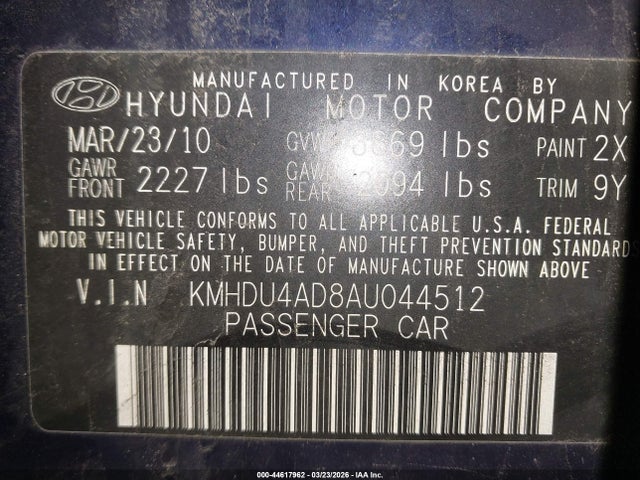 44617962 :رقم المزاد ، KMHDU4AD8AU044512 vin ، 2010 Hyundai Elantra Gls مزاد بيع
