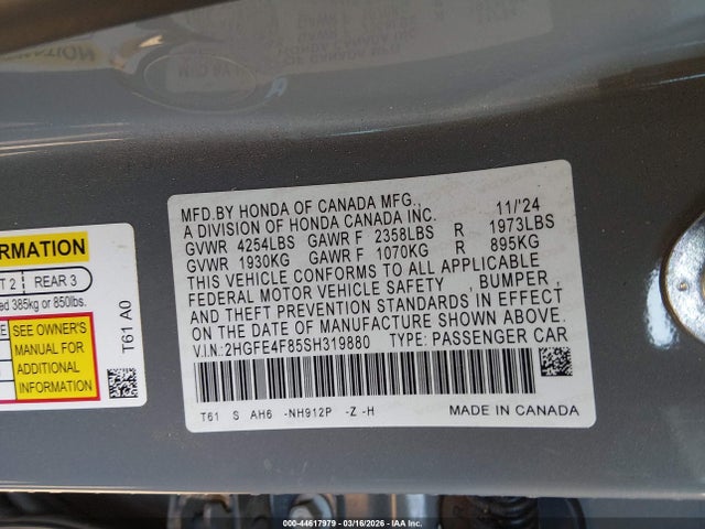 Auction sale of the 2025 Honda Civic Hybrid Sport/sport Touring, vin: 2HGFE4F85SH319880, lot number: 44617979
