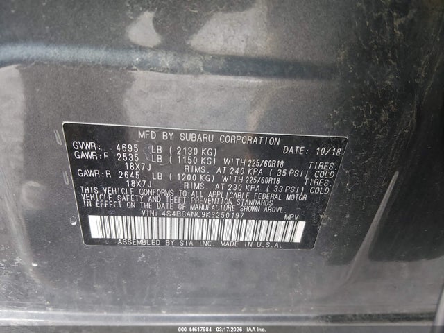 44617984 :رقم المزاد ، 4S4BSANC9K3250197 vin ، 2019 Subaru Outback 2.5i Limited مزاد بيع