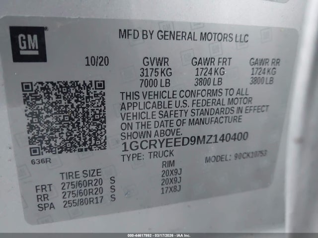 Продаж на аукціоні авто 2021 Chevrolet Silverado 1500 4wd  Standard Bed Rst, vin: 1GCRYEED9MZ140400, номер лоту: 44617992