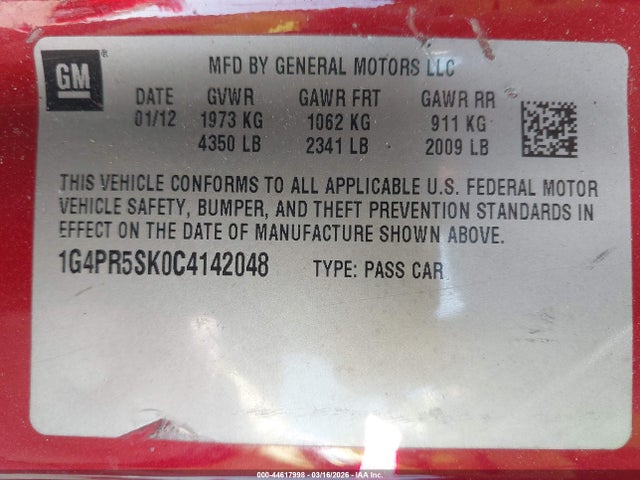 44617998 :رقم المزاد ، 1G4PR5SK0C4142048 vin ، 2012 Buick Verano Convenience Group مزاد بيع