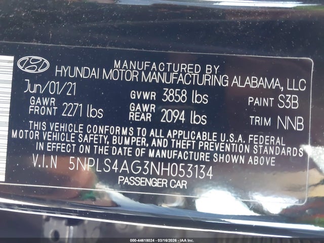 5NPLS4AG3NH053134 Hyundai ELANTRA SEL