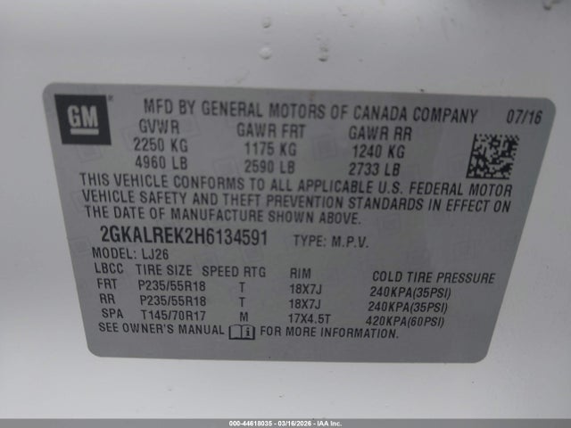 Aukcja sprzedaży 2017 Gmc Terrain Denali, vin: 2GKALREK2H6134591, numer aukcji: 44618035