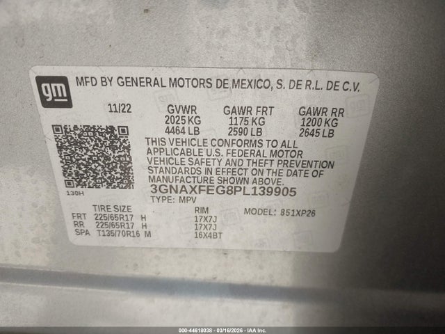 Aukcja sprzedaży 2023 Chevrolet Equinox Fwd 1fl, vin: 3GNAXFEG8PL139905, numer aukcji: 44618038