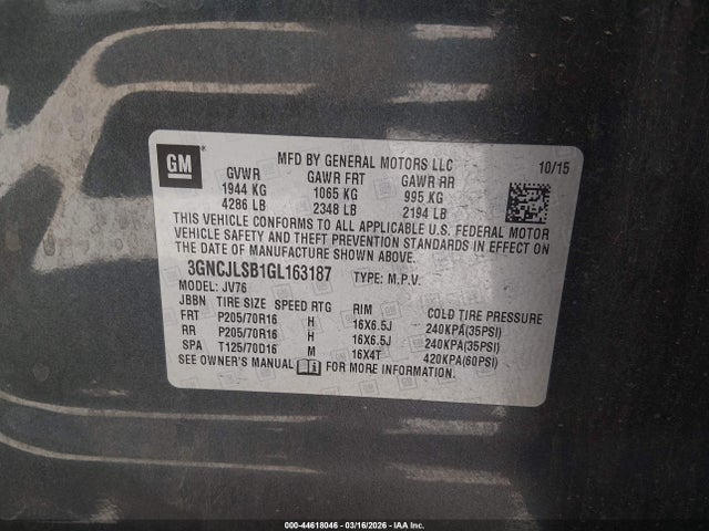 3GNCJLSB1GL163187 Chevrolet Trax Lt