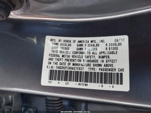 44618055 :رقم المزاد ، 1HGCR2F3XHA270537 vin ، 2017 Honda Accord Lx مزاد بيع