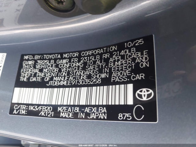 Продажа на аукционе авто 2026 Toyota Corolla Le, vin: JTDB4MEE9T3035258, номер лота: 44618057