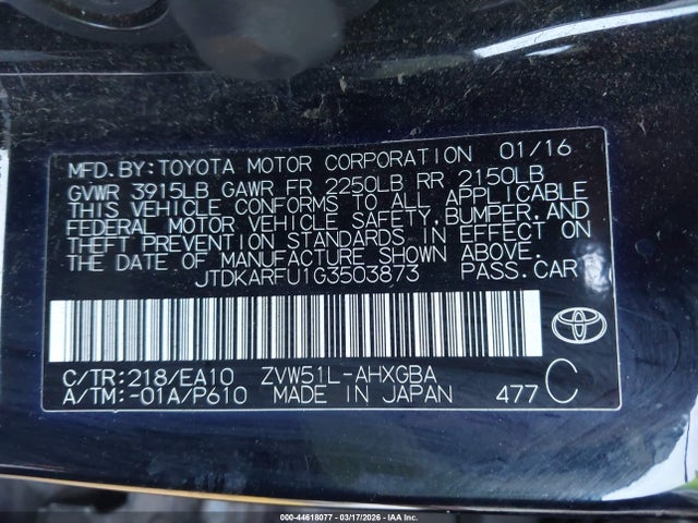 JTDKARFU1G3503873 Toyota Prius Four