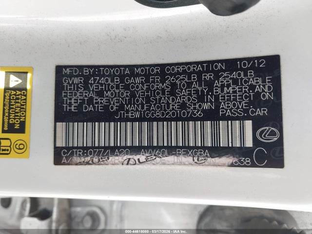 Aukcja sprzedaży 2013 Lexus Es 300h, vin: JTHBW1GG8D2010736, numer aukcji: 44618080