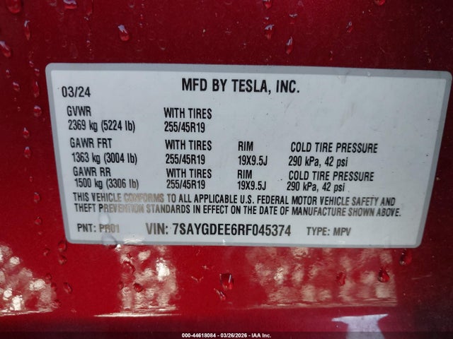 2024 Tesla Model Y Long Range Dual Motor All-wheel Drive მანქანა იყიდება აუქციონზე, vin: 7SAYGDEE6RF045374, აუქციონის ნომერი: 44618084