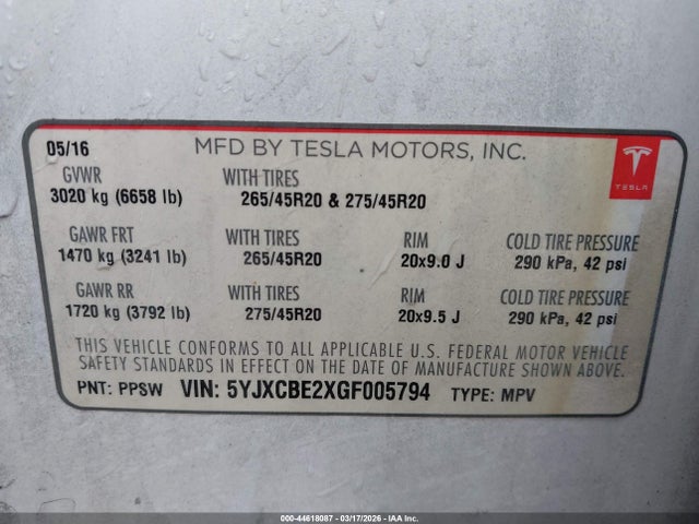 2016 TESLA MODEL X 5YJXCBE2XGF005794 Photo 8