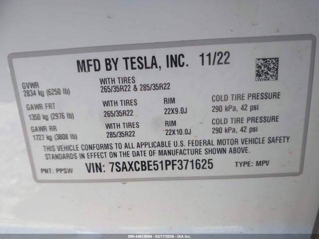 Aukcja sprzedaży 2023 Tesla Model X, vin: 7SAXCBE51PF371625, numer aukcji: 44618094