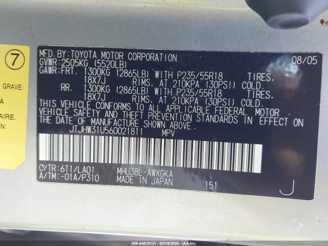 44618121 :رقم المزاد ، JTJHW31U560021811 vin ، 2006 Lexus Rx 400h مزاد بيع