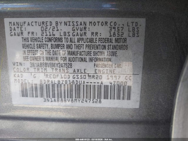 44618123 :رقم المزاد ، 3N1AB8BV8MY247528 vin ، 2021 Nissan Sentra S Xtronic Cvt مزاد بيع
