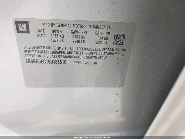 44618127 :رقم المزاد ، 2G4GR5EC1B9185510 vin ، 2011 Buick Regal Cxl Oshawa مزاد بيع