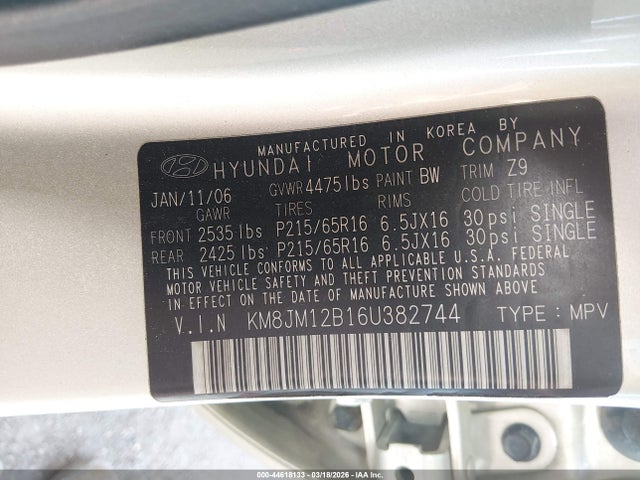 Aukcja sprzedaży 2006 Hyundai Tucson Gl, vin: KM8JM12B16U382744, numer aukcji: 44618133