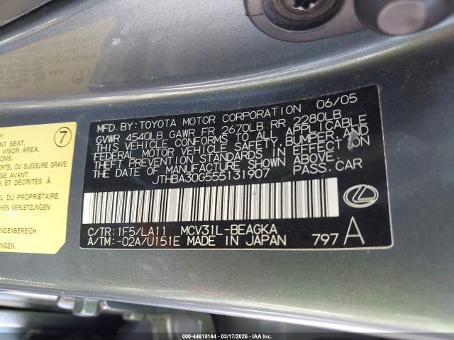 44618144 :رقم المزاد ، JTHBA30G555131907 vin ، 2005 Lexus Es 330 مزاد بيع