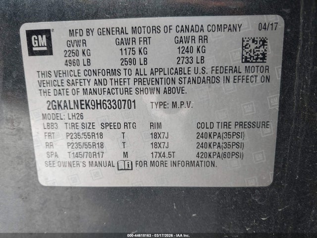 Продаж на аукціоні авто 2017 Gmc Terrain Sle-2, vin: 2GKALNEK9H6330701, номер лоту: 44618163