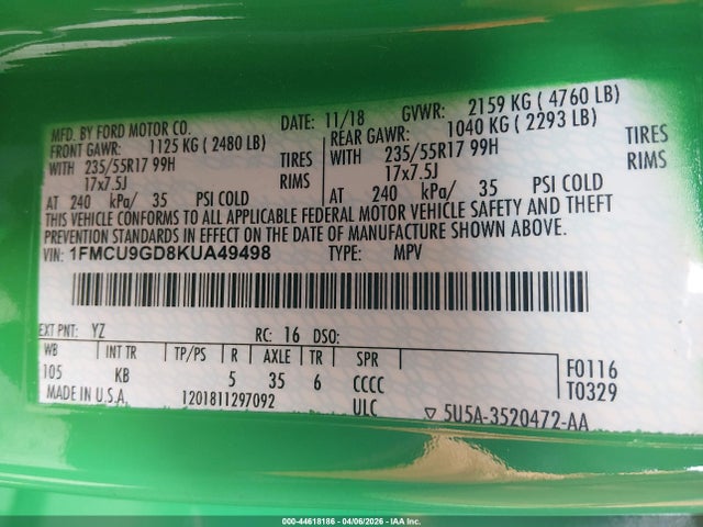 Продаж на аукціоні авто 2019 Ford Escape Se, vin: 1FMCU9GD8KUA49498, номер лоту: 44618186