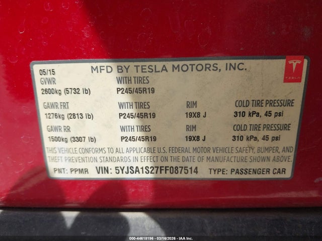 44618196 :رقم المزاد ، 5YJSA1S27FF087514 vin ، 2015 Tesla Model S 70d/85d/p85d مزاد بيع