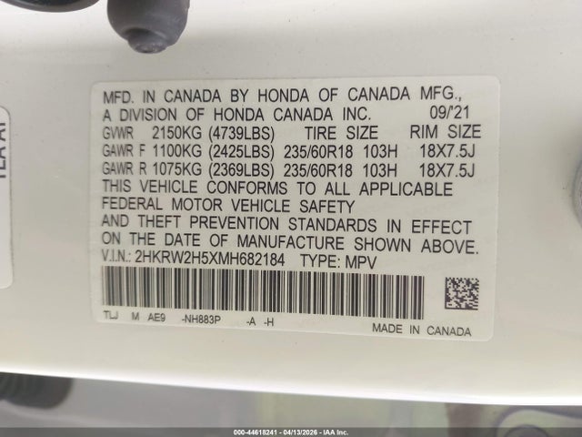 Aukcja sprzedaży 2021 Honda Cr-v Awd Ex, vin: 2HKRW2H5XMH682184, numer aukcji: 44618241