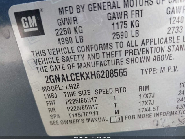 Aukcja sprzedaży 2017 Chevrolet Equinox Lt, vin: 2GNALCEKXH6208565, numer aukcji: 44618280