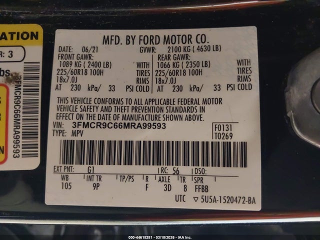 2021 Ford Bronco Sport Outer Banks მანქანა იყიდება აუქციონზე, vin: 3FMCR9C66MRA99593, აუქციონის ნომერი: 44618281