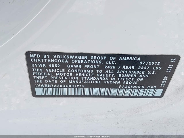 2013 Volkswagen Passat 2.0l Tdi Se მანქანა იყიდება აუქციონზე, vin: 1VWBN7A30DC007219, აუქციონის ნომერი: 44618311