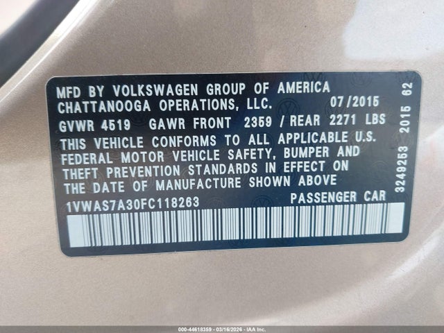 44618359 :رقم المزاد ، 1VWAS7A30FC118263 vin ، 2015 Volkswagen Passat 1.8t Limited Edition مزاد بيع
