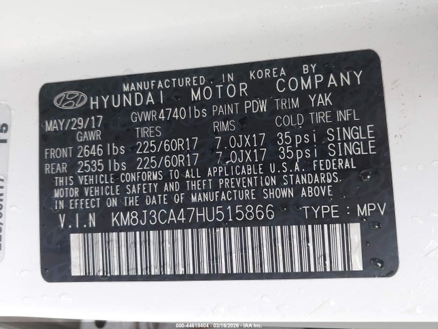 KM8J3CA47HU515866 Hyundai TUCSON SE