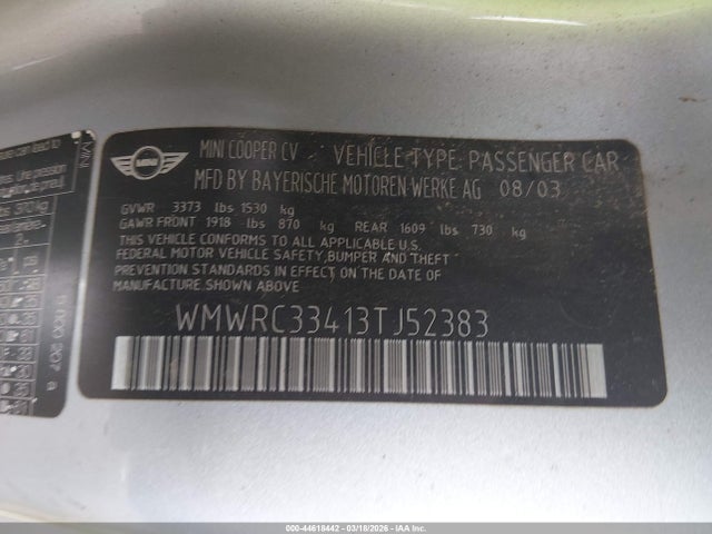 2003 MINI COOPER WMWRC33413TJ52383 Photo 8