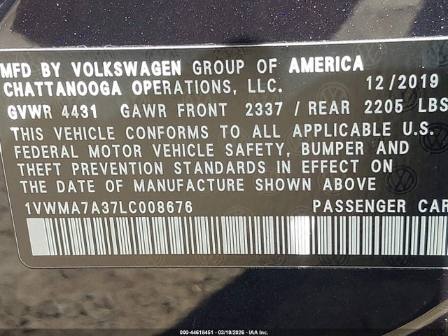 2020 Volkswagen Passat 2.0t R-line მანქანა იყიდება აუქციონზე, vin: 1VWMA7A37LC008676, აუქციონის ნომერი: 44618451