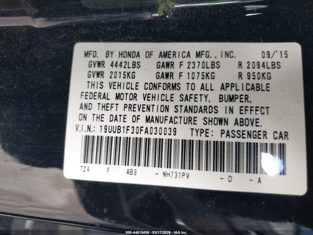44618456 :رقم المزاد ، 19UUB1F30FA030039 vin ، 2015 Acura Tlx مزاد بيع