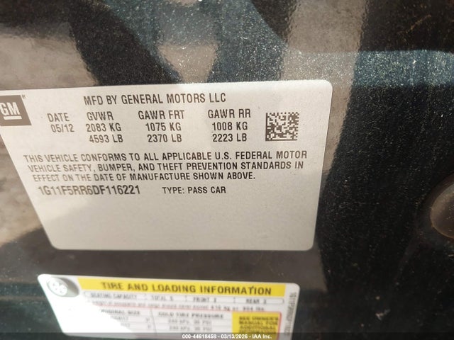44618458 :رقم المزاد ، 1G11F5RR6DF116221 vin ، 2013 Chevrolet Malibu Eco Premium Audio مزاد بيع