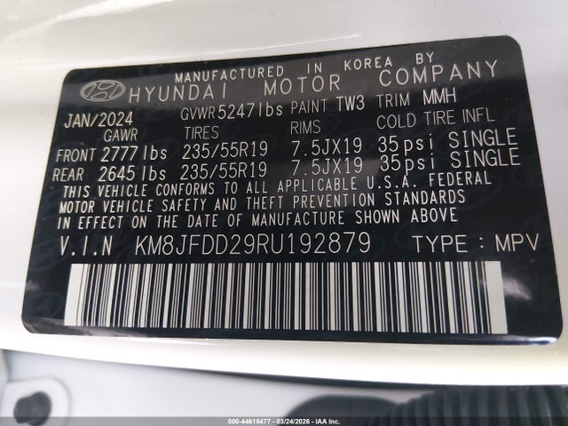 Aukcja sprzedaży 2024 Hyundai Tucson Plug-in Hybrid Limited, vin: KM8JFDD29RU192879, numer aukcji: 44618477