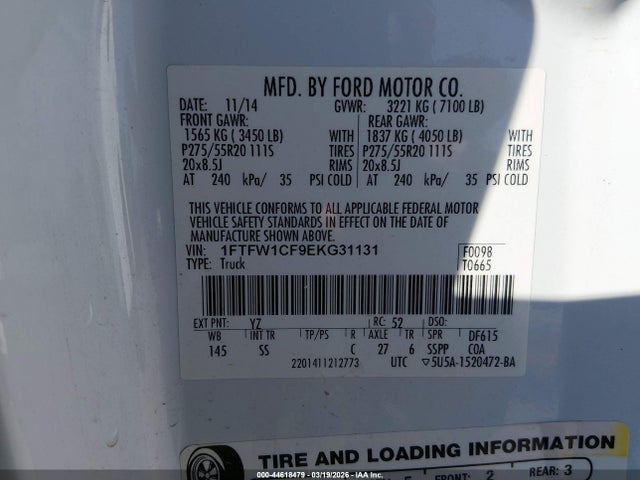 2014 Ford F-150 Stx მანქანა იყიდება აუქციონზე, vin: 1FTFW1CF9EKG31131, აუქციონის ნომერი: 44618479