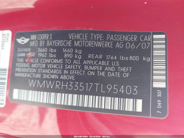 2007 MINI COOPER S WMWRH33517TL95403 Photo 8