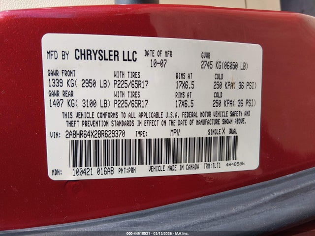 2008 Chrysler Town & Country Limited მანქანა იყიდება აუქციონზე, vin: 2A8HR64X28R629370, აუქციონის ნომერი: 44618531