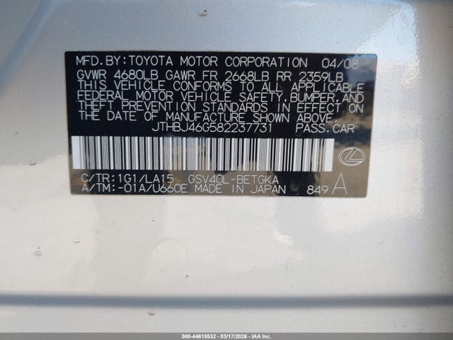 Продаж на аукціоні авто 2008 Lexus Es 350, vin: JTHBJ46G582237731, номер лоту: 44618532